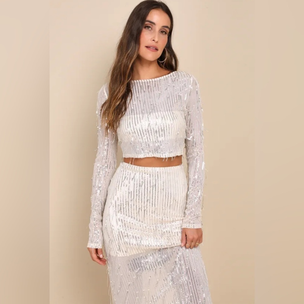 Lulu's Silver Sequin Long Sleeve Crop Top & Skirt Set